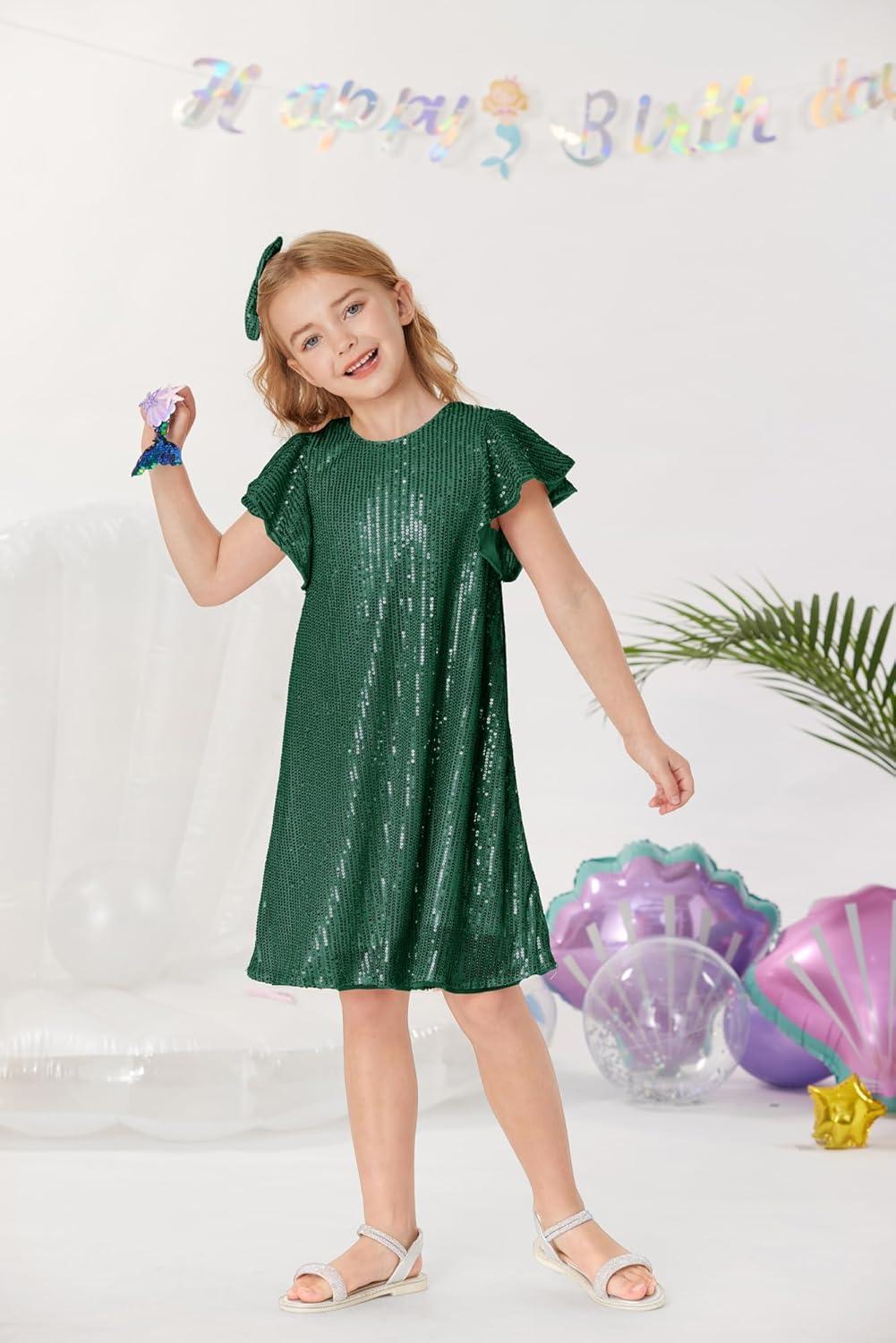 imageGRACE KARIN Girls Sequin Dress Short Flutter Sleeve Flare Silhouette Midi Dress with Hairbow 512YGreen