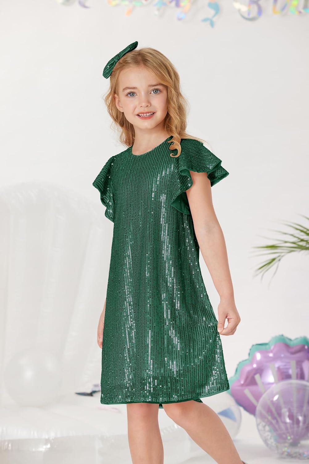 imageGRACE KARIN Girls Sequin Dress Short Flutter Sleeve Flare Silhouette Midi Dress with Hairbow 512YGreen