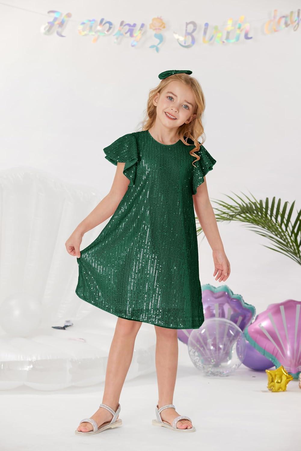 imageGRACE KARIN Girls Sequin Dress Short Flutter Sleeve Flare Silhouette Midi Dress with Hairbow 512YGreen