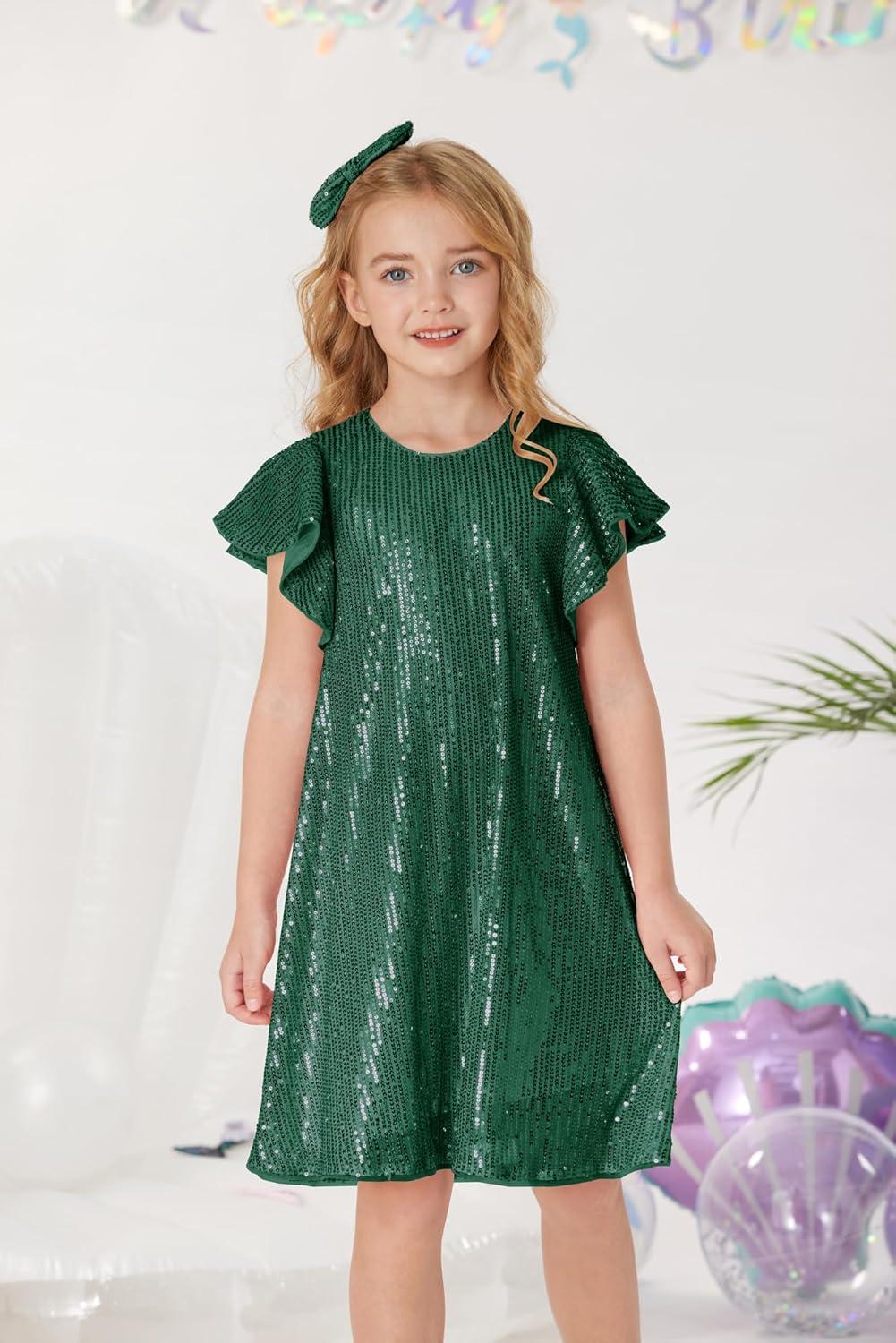 imageGRACE KARIN Girls Sequin Dress Short Flutter Sleeve Flare Silhouette Midi Dress with Hairbow 512YGreen