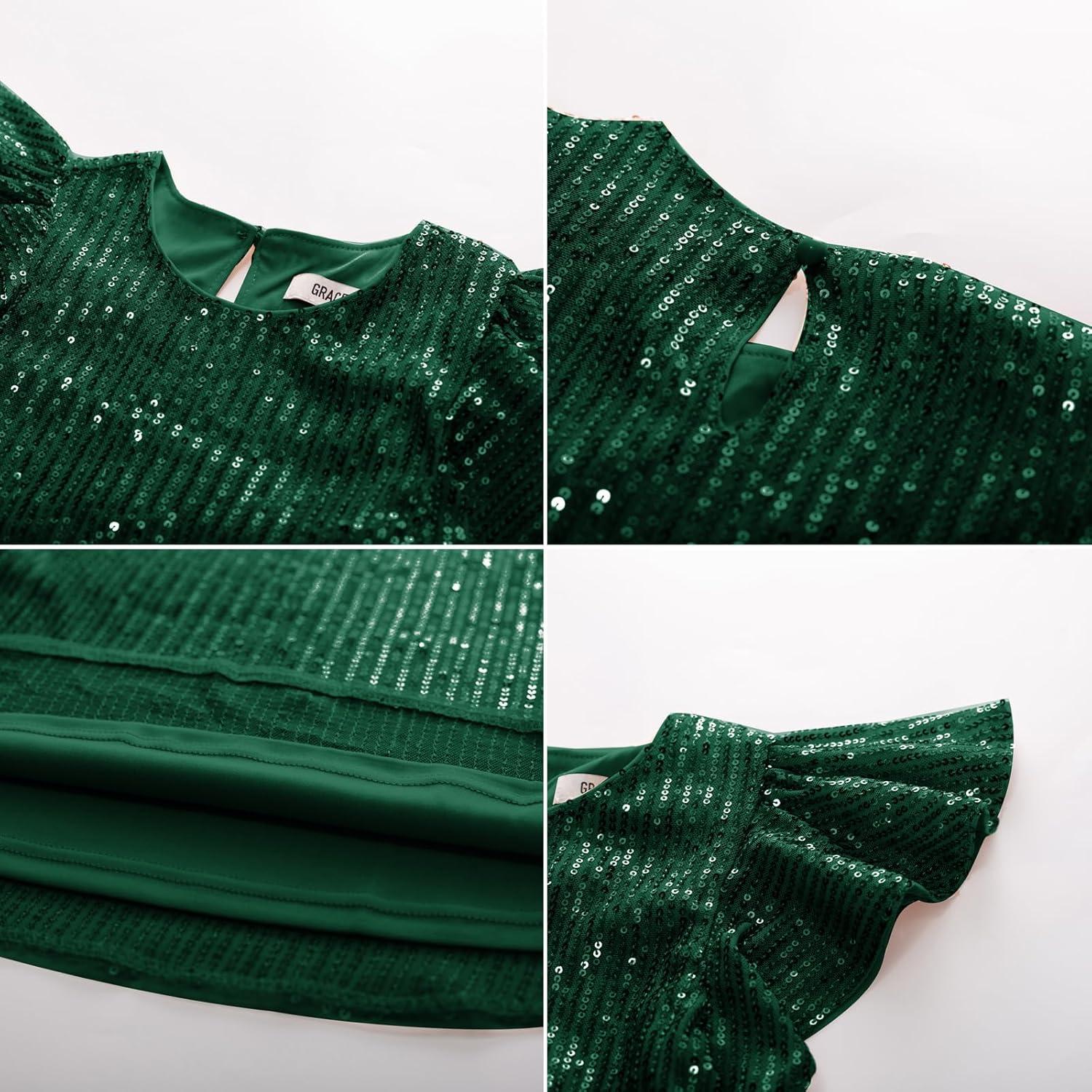 imageGRACE KARIN Girls Sequin Dress Short Flutter Sleeve Flare Silhouette Midi Dress with Hairbow 512YGreen