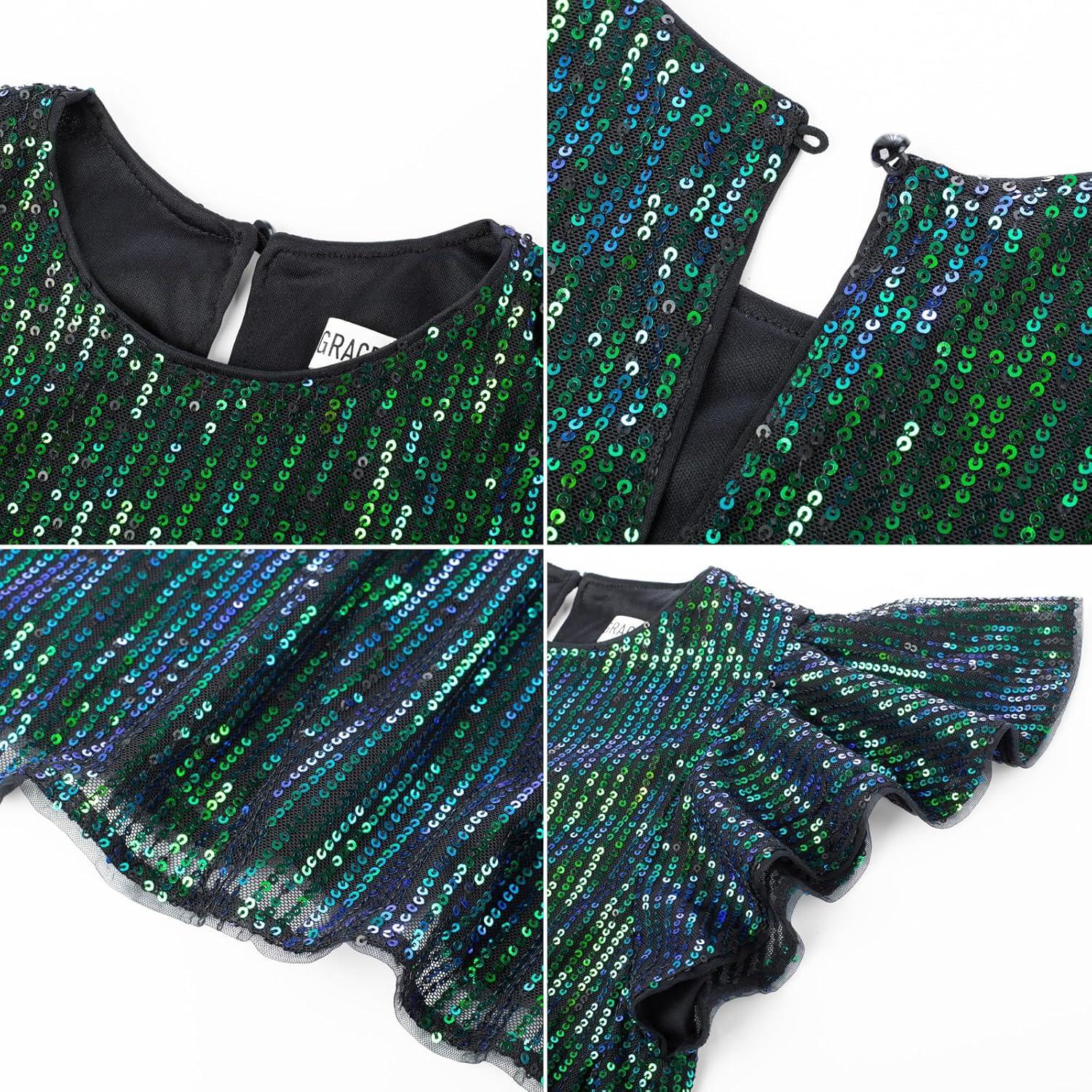 imageGRACE KARIN Girls Sequin Dress Short Flutter Sleeve Flare Silhouette Midi Dress with Hairbow 512YGreen on Black
