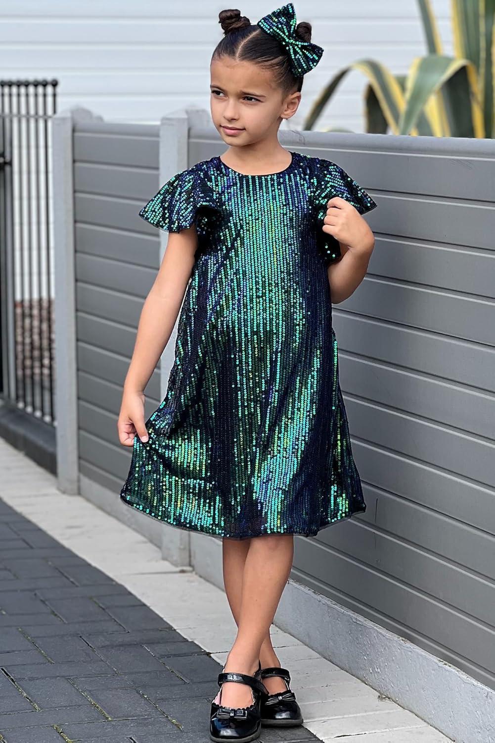 imageGRACE KARIN Girls Sequin Dress Short Flutter Sleeve Flare Silhouette Midi Dress with Hairbow 512YGreen on Black