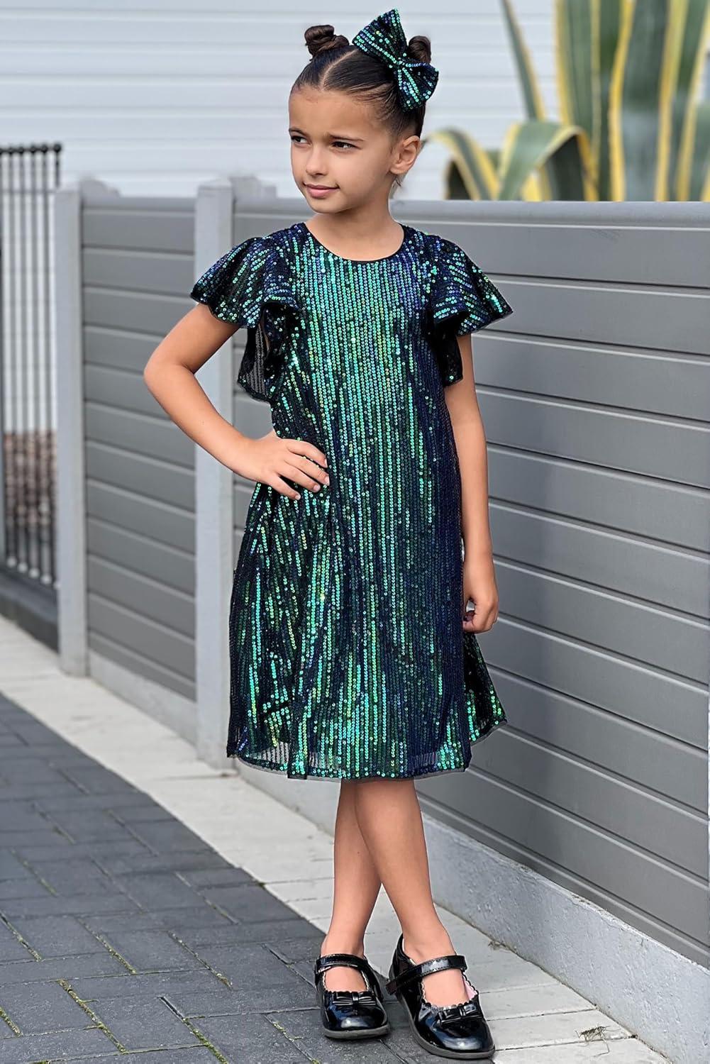 imageGRACE KARIN Girls Sequin Dress Short Flutter Sleeve Flare Silhouette Midi Dress with Hairbow 512YGreen on Black