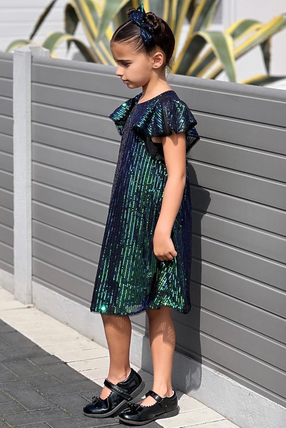 imageGRACE KARIN Girls Sequin Dress Short Flutter Sleeve Flare Silhouette Midi Dress with Hairbow 512YGreen on Black