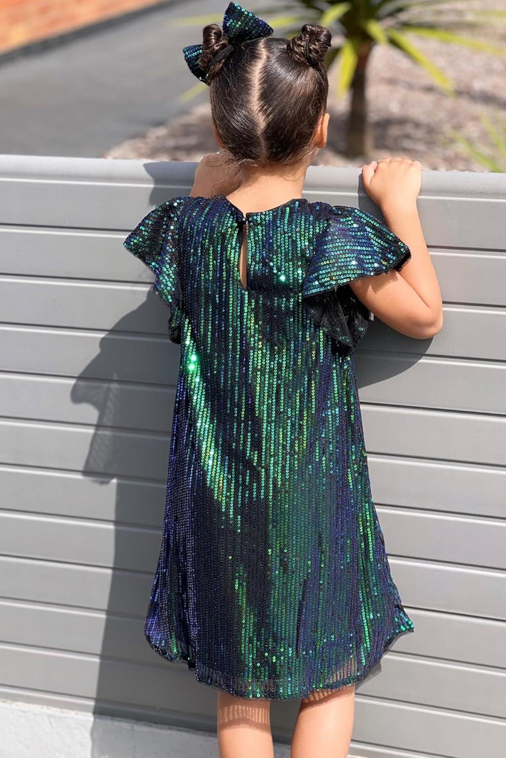 imageGRACE KARIN Girls Sequin Dress Short Flutter Sleeve Flare Silhouette Midi Dress with Hairbow 512YGreen on Black