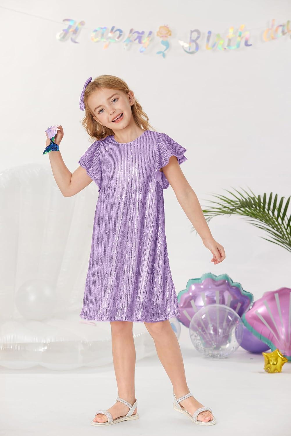 imageGRACE KARIN Girls Sequin Dress Short Flutter Sleeve Flare Silhouette Midi Dress with Hairbow 512YLight Purple