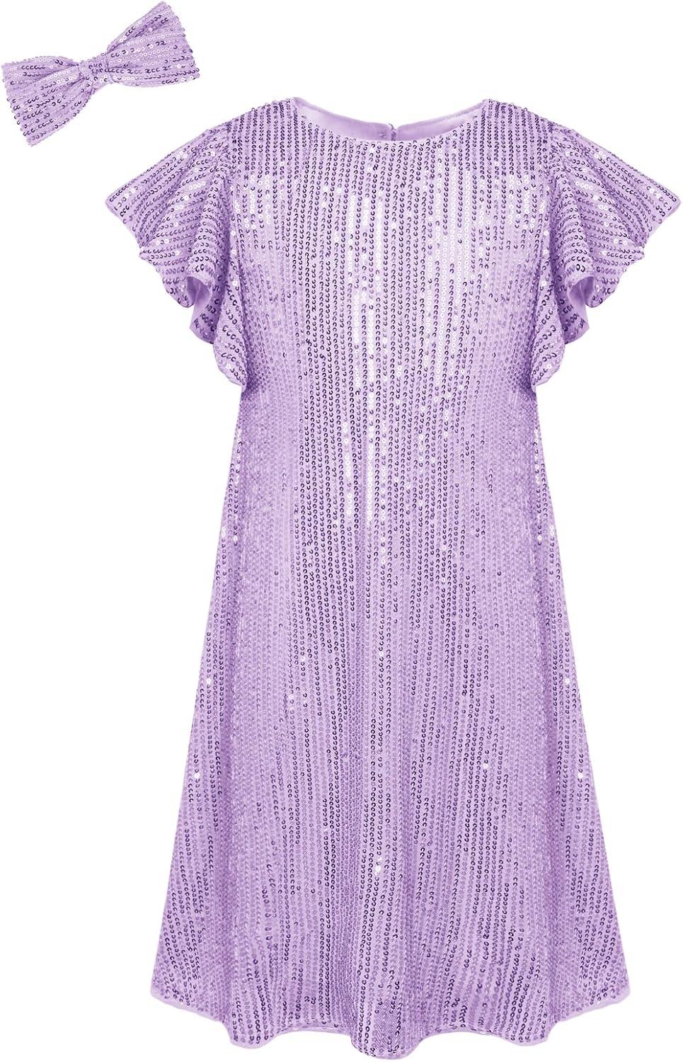 imageGRACE KARIN Girls Sequin Dress Short Flutter Sleeve Flare Silhouette Midi Dress with Hairbow 512YLight Purple