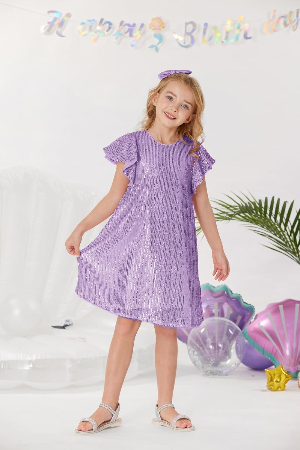 imageGRACE KARIN Girls Sequin Dress Short Flutter Sleeve Flare Silhouette Midi Dress with Hairbow 512YLight Purple