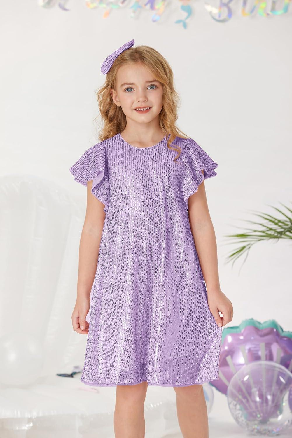 imageGRACE KARIN Girls Sequin Dress Short Flutter Sleeve Flare Silhouette Midi Dress with Hairbow 512YLight Purple