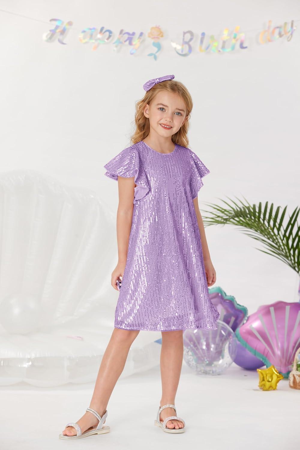 imageGRACE KARIN Girls Sequin Dress Short Flutter Sleeve Flare Silhouette Midi Dress with Hairbow 512YLight Purple