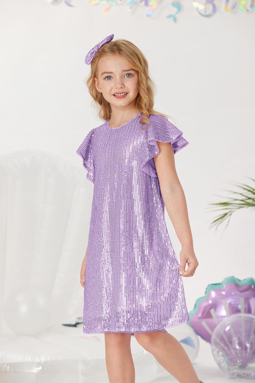 imageGRACE KARIN Girls Sequin Dress Short Flutter Sleeve Flare Silhouette Midi Dress with Hairbow 512YLight Purple