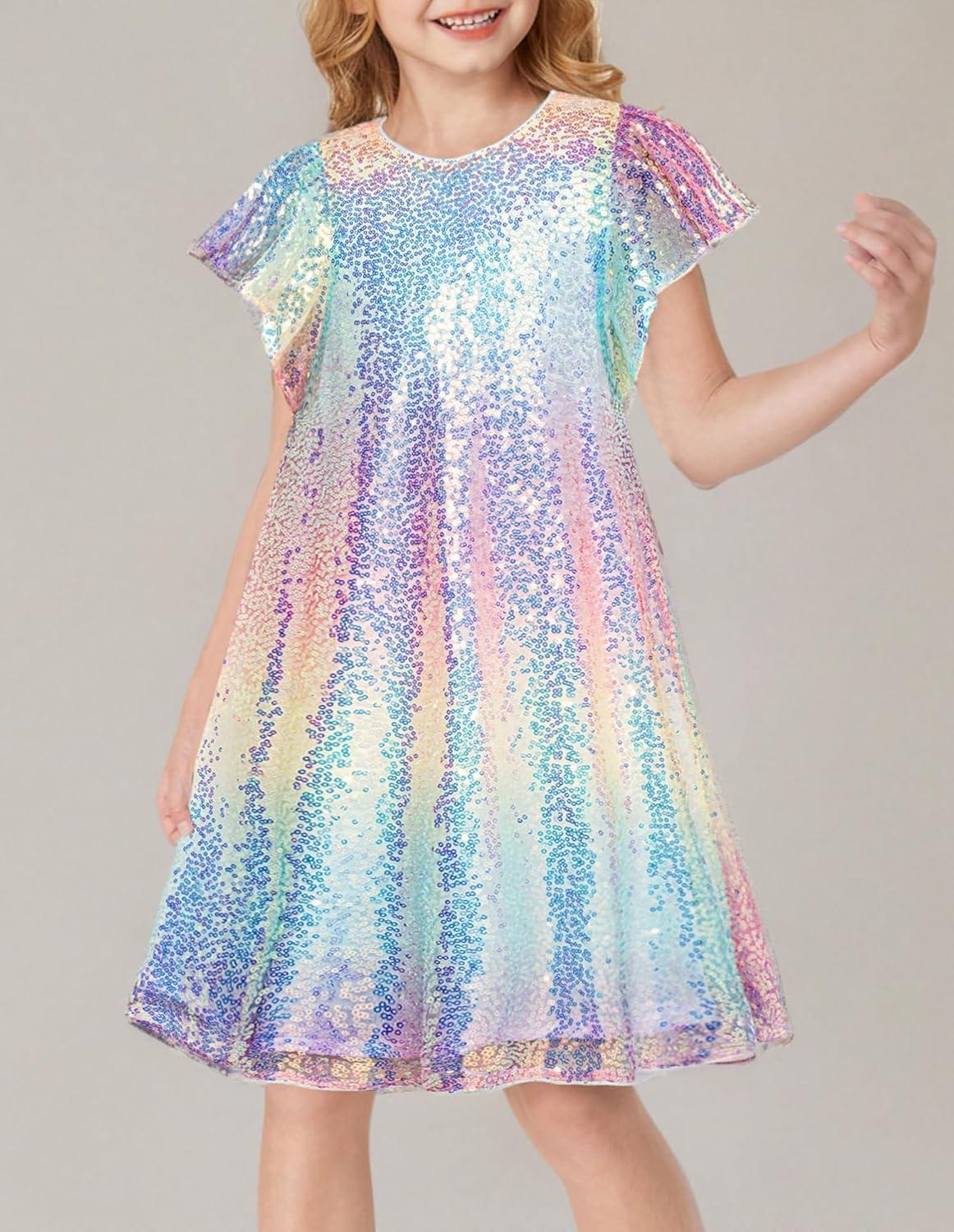 imageGRACE KARIN Girls Sequin Dress Short Flutter Sleeve Flare Silhouette Midi Dress with Hairbow 512YMulticolored