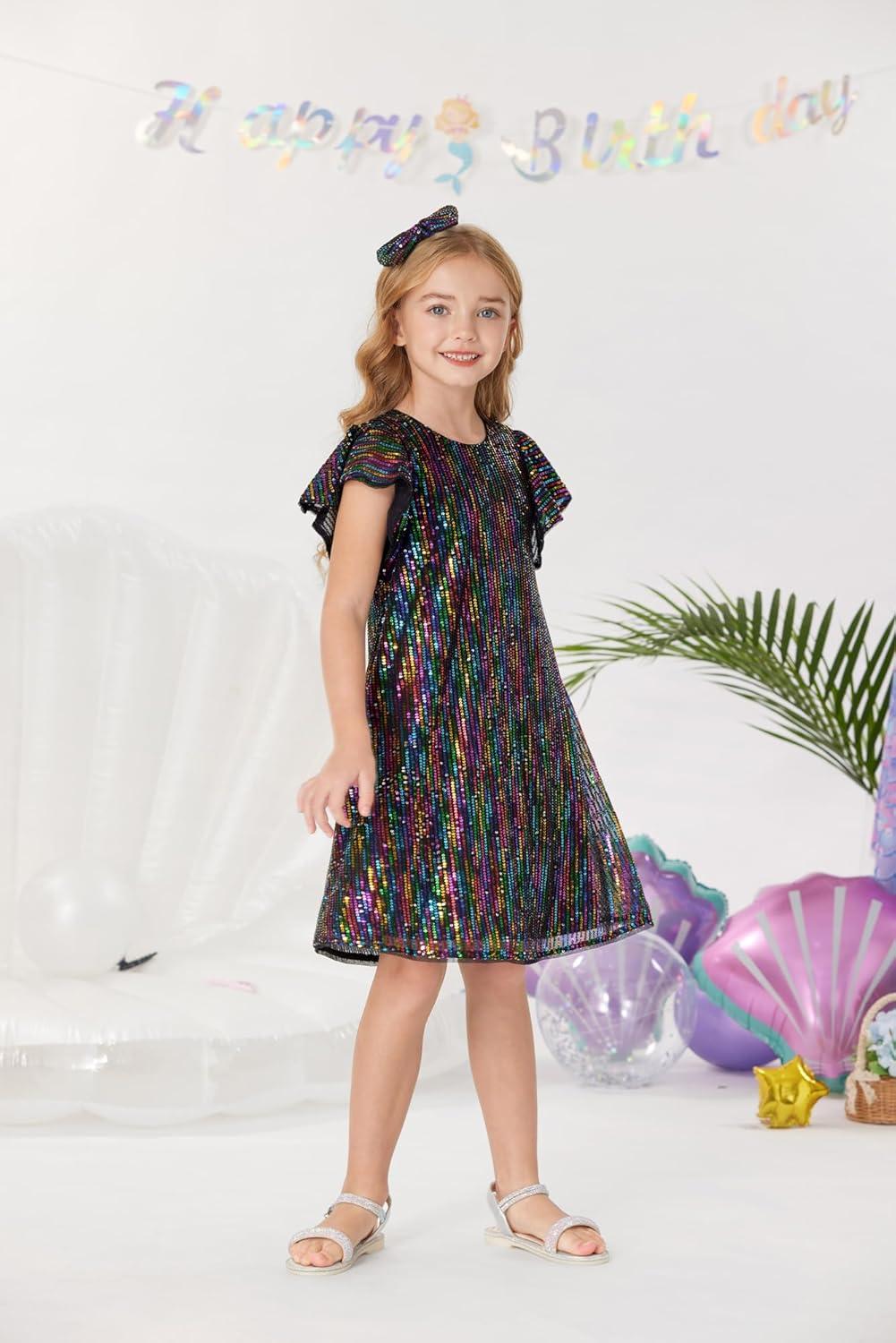 imageGRACE KARIN Girls Sequin Dress Short Flutter Sleeve Flare Silhouette Midi Dress with Hairbow 512YMulticoloured on Black
