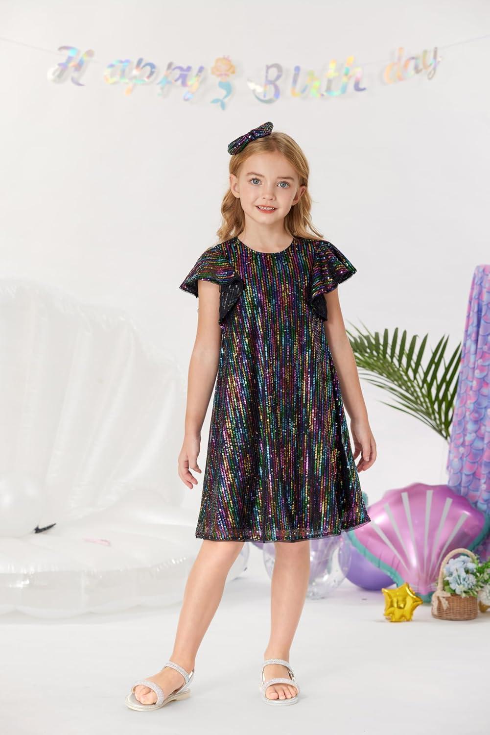 imageGRACE KARIN Girls Sequin Dress Short Flutter Sleeve Flare Silhouette Midi Dress with Hairbow 512YMulticoloured on Black