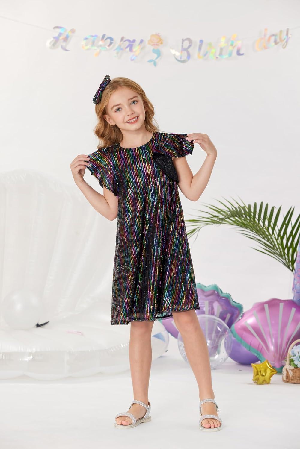 imageGRACE KARIN Girls Sequin Dress Short Flutter Sleeve Flare Silhouette Midi Dress with Hairbow 512YMulticoloured on Black
