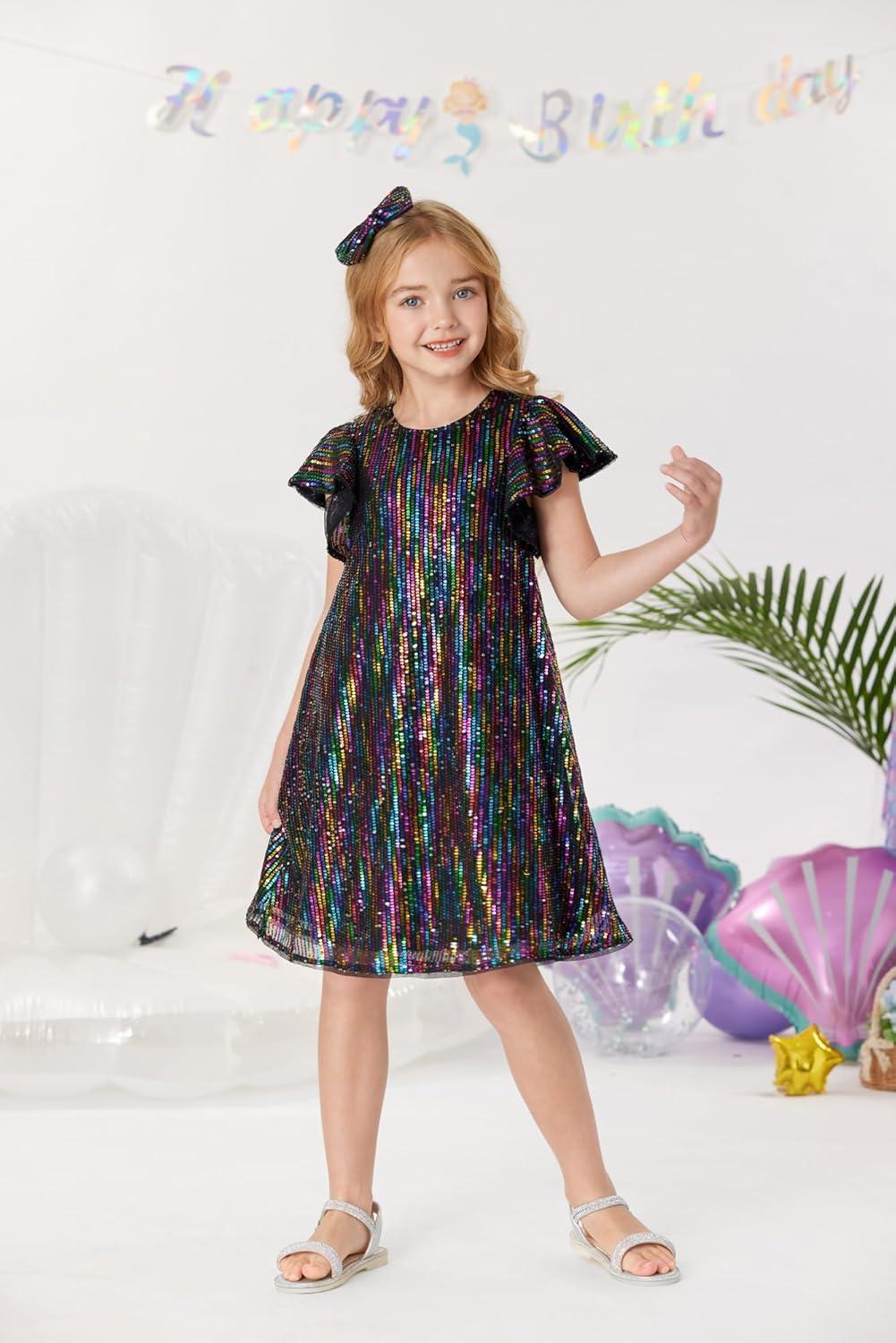 imageGRACE KARIN Girls Sequin Dress Short Flutter Sleeve Flare Silhouette Midi Dress with Hairbow 512YMulticoloured on Black