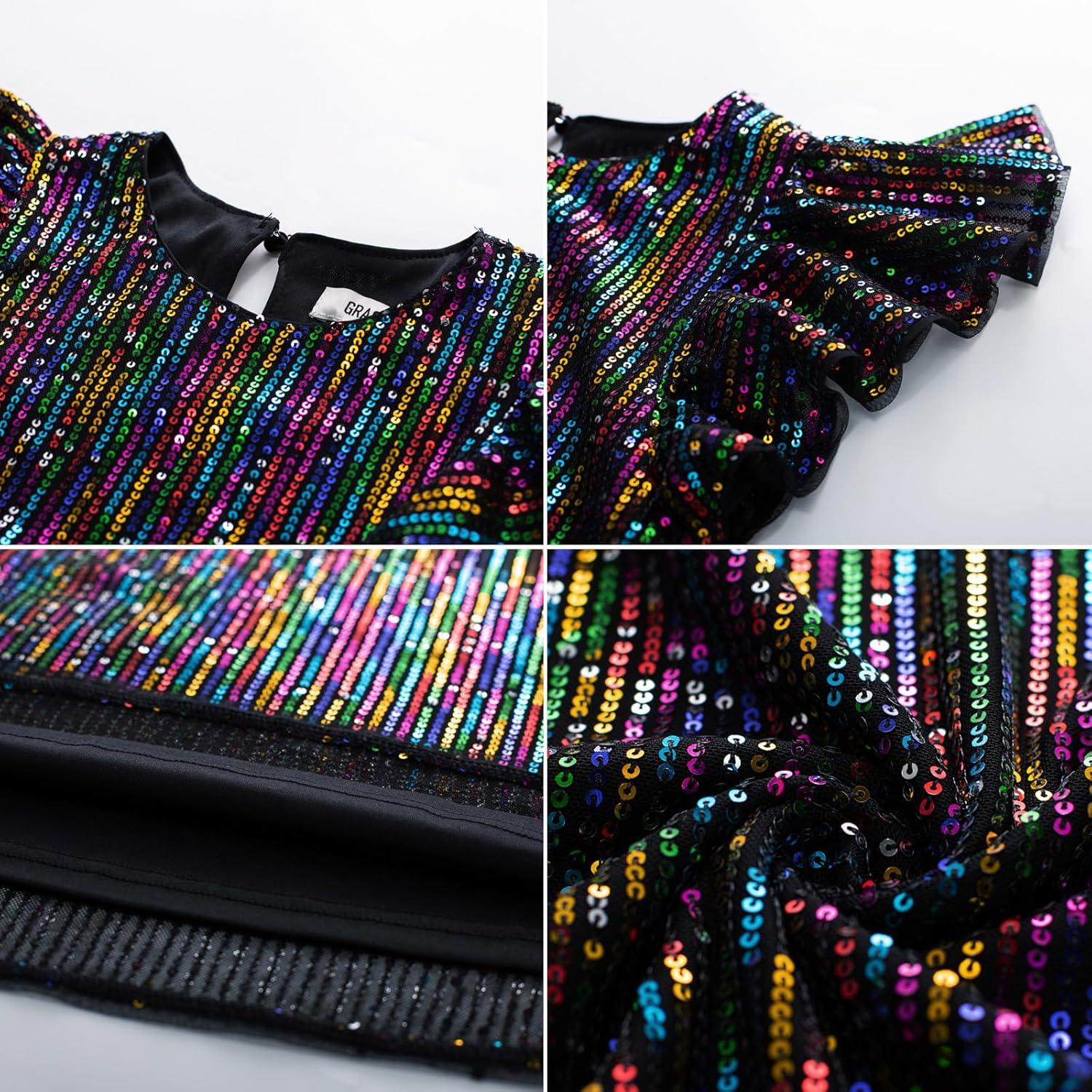 imageGRACE KARIN Girls Sequin Dress Short Flutter Sleeve Flare Silhouette Midi Dress with Hairbow 512YMulticoloured on Black