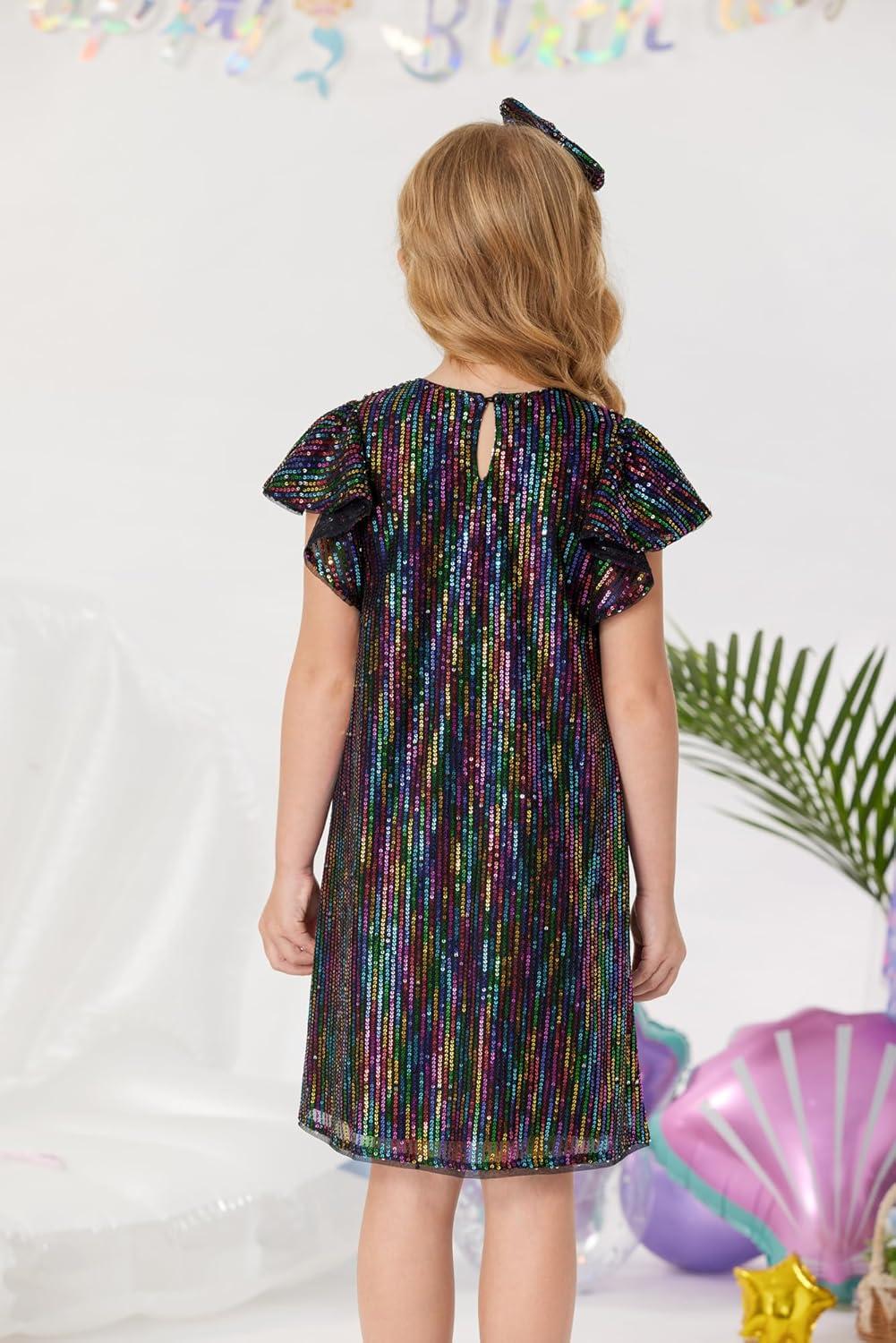 imageGRACE KARIN Girls Sequin Dress Short Flutter Sleeve Flare Silhouette Midi Dress with Hairbow 512YMulticoloured on Black