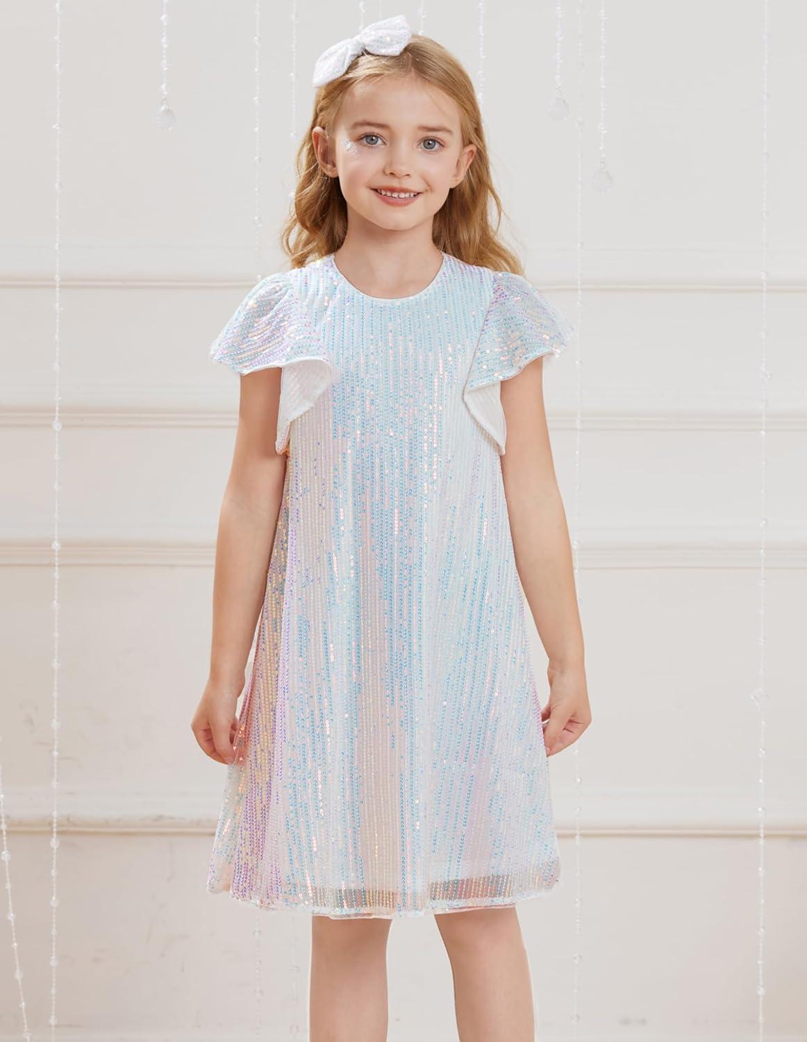 imageGRACE KARIN Girls Sequin Dress Short Flutter Sleeve Flare Silhouette Midi Dress with Hairbow 512YMulticoloured on White