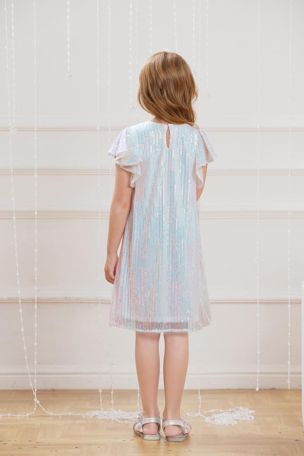 imageGRACE KARIN Girls Sequin Dress Short Flutter Sleeve Flare Silhouette Midi Dress with Hairbow 512YMulticoloured on White