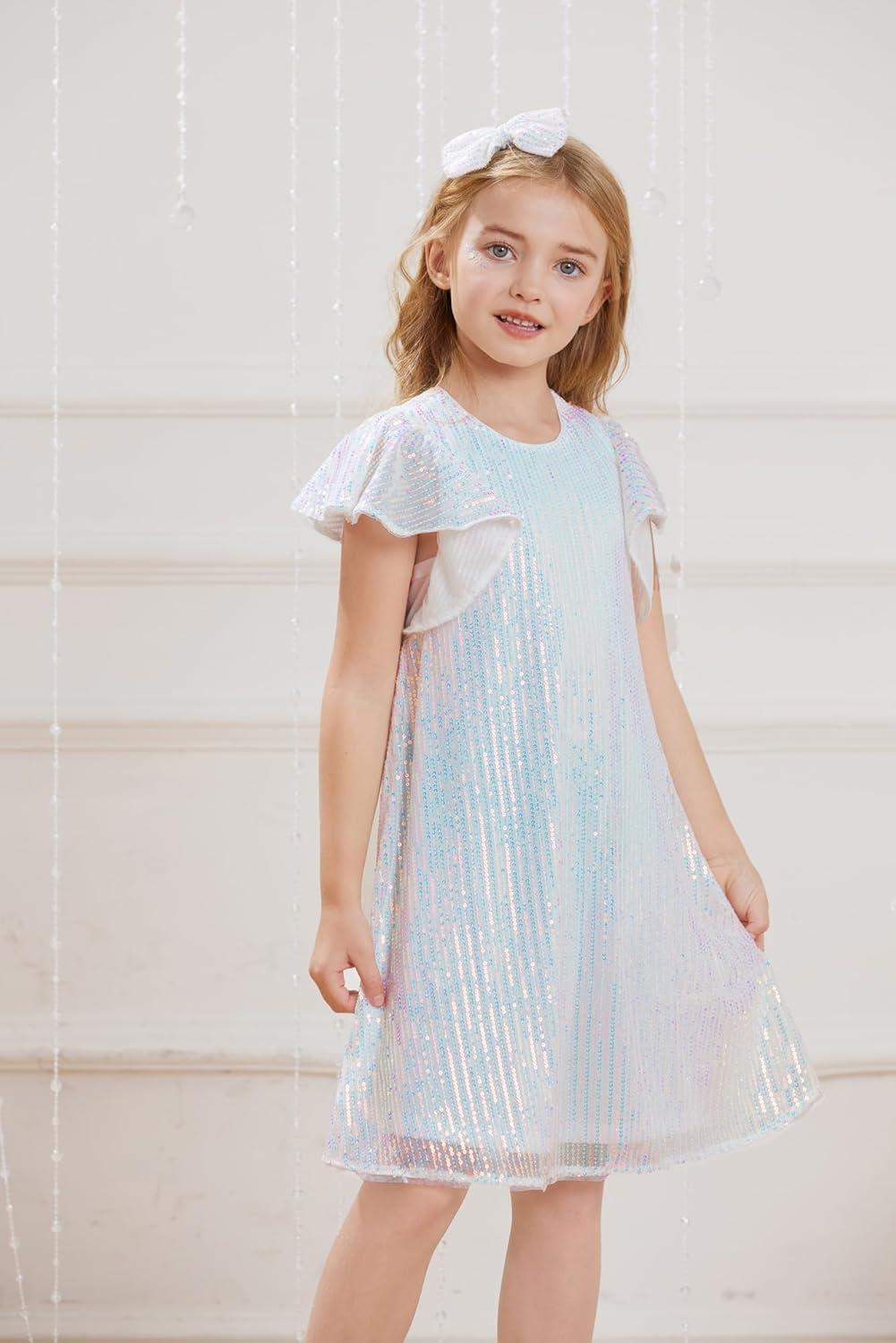 imageGRACE KARIN Girls Sequin Dress Short Flutter Sleeve Flare Silhouette Midi Dress with Hairbow 512YMulticoloured on White