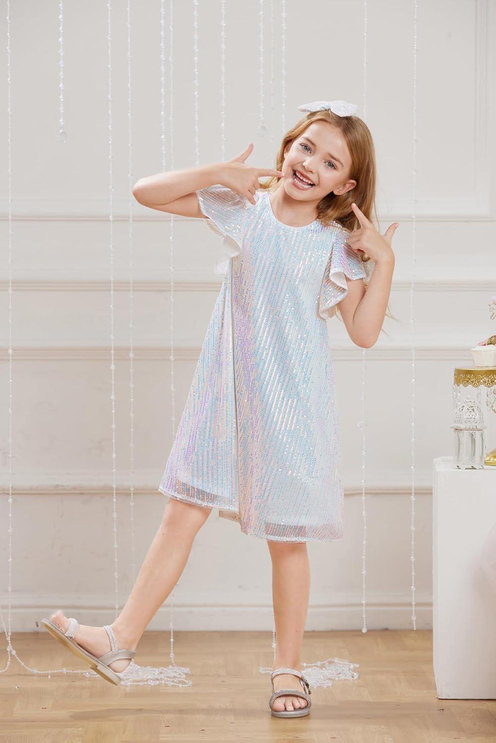 imageGRACE KARIN Girls Sequin Dress Short Flutter Sleeve Flare Silhouette Midi Dress with Hairbow 512YMulticoloured on White