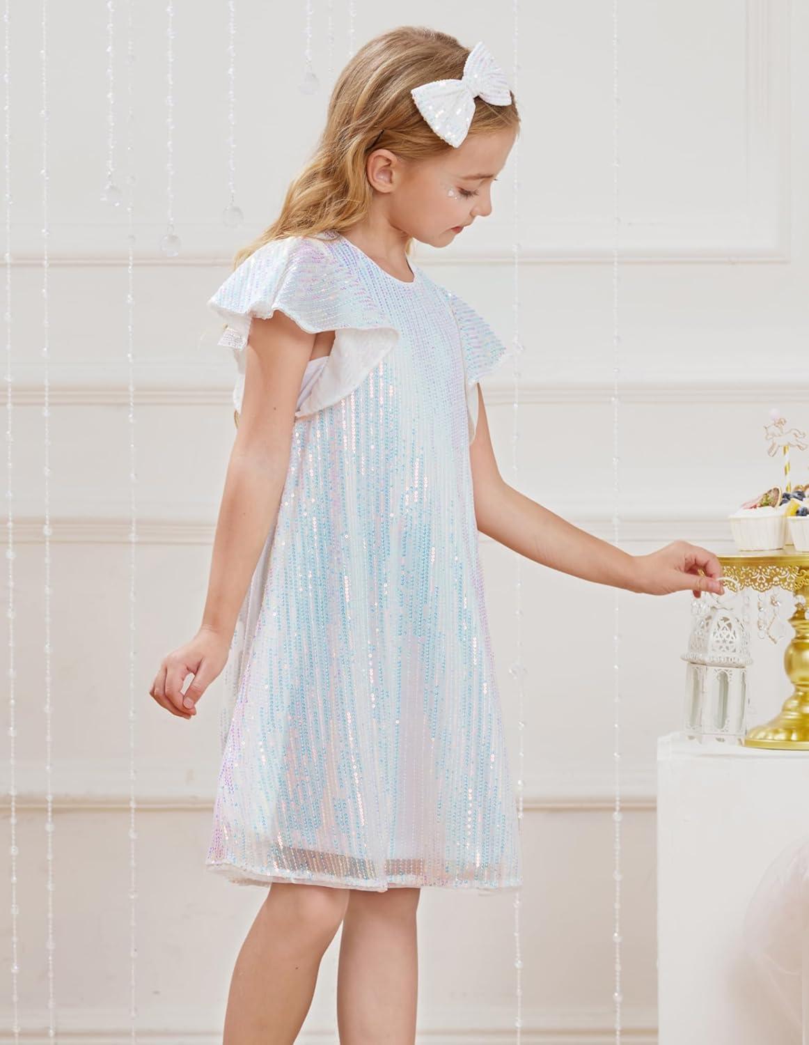 imageGRACE KARIN Girls Sequin Dress Short Flutter Sleeve Flare Silhouette Midi Dress with Hairbow 512YMulticoloured on White