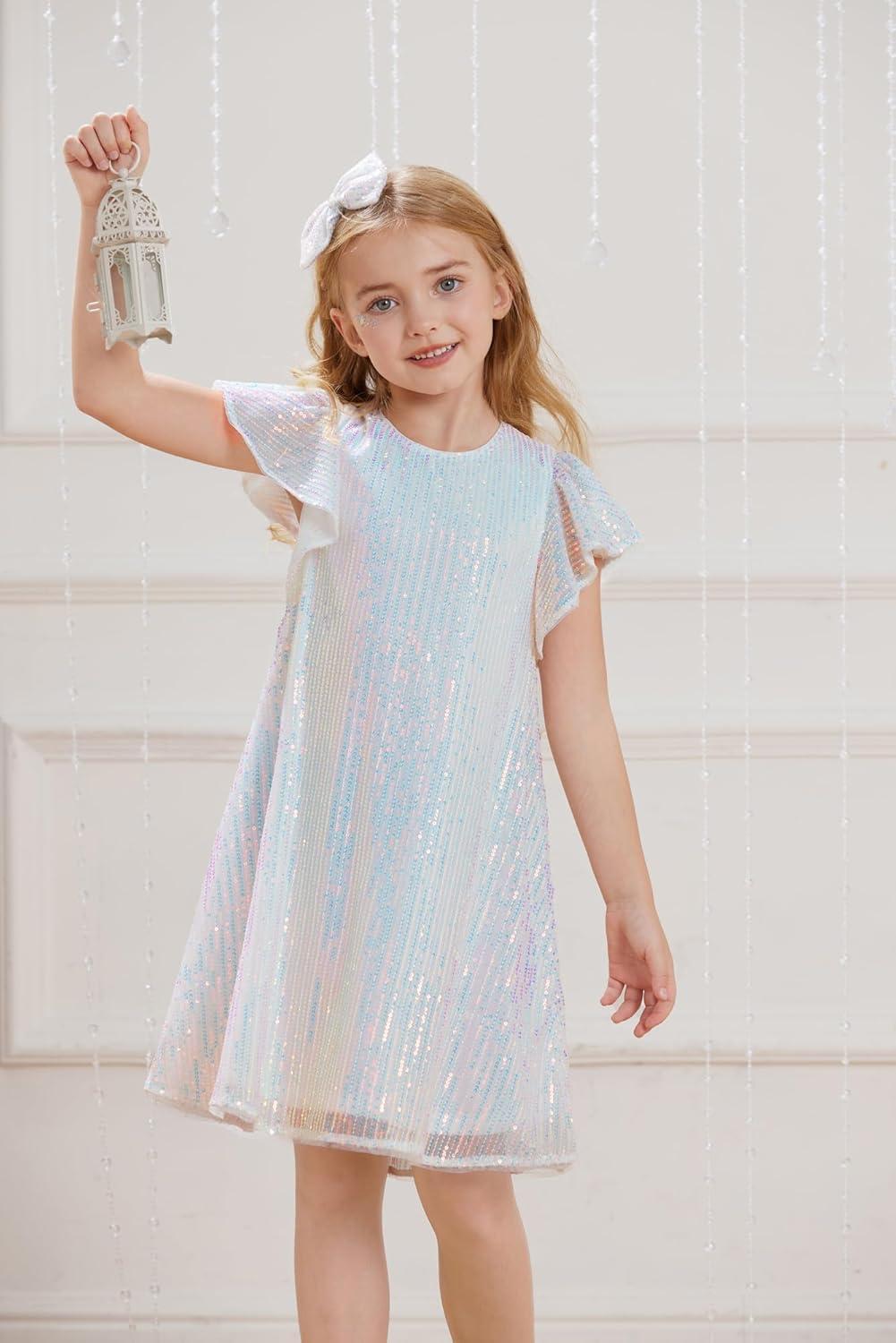 imageGRACE KARIN Girls Sequin Dress Short Flutter Sleeve Flare Silhouette Midi Dress with Hairbow 512YMulticoloured on White
