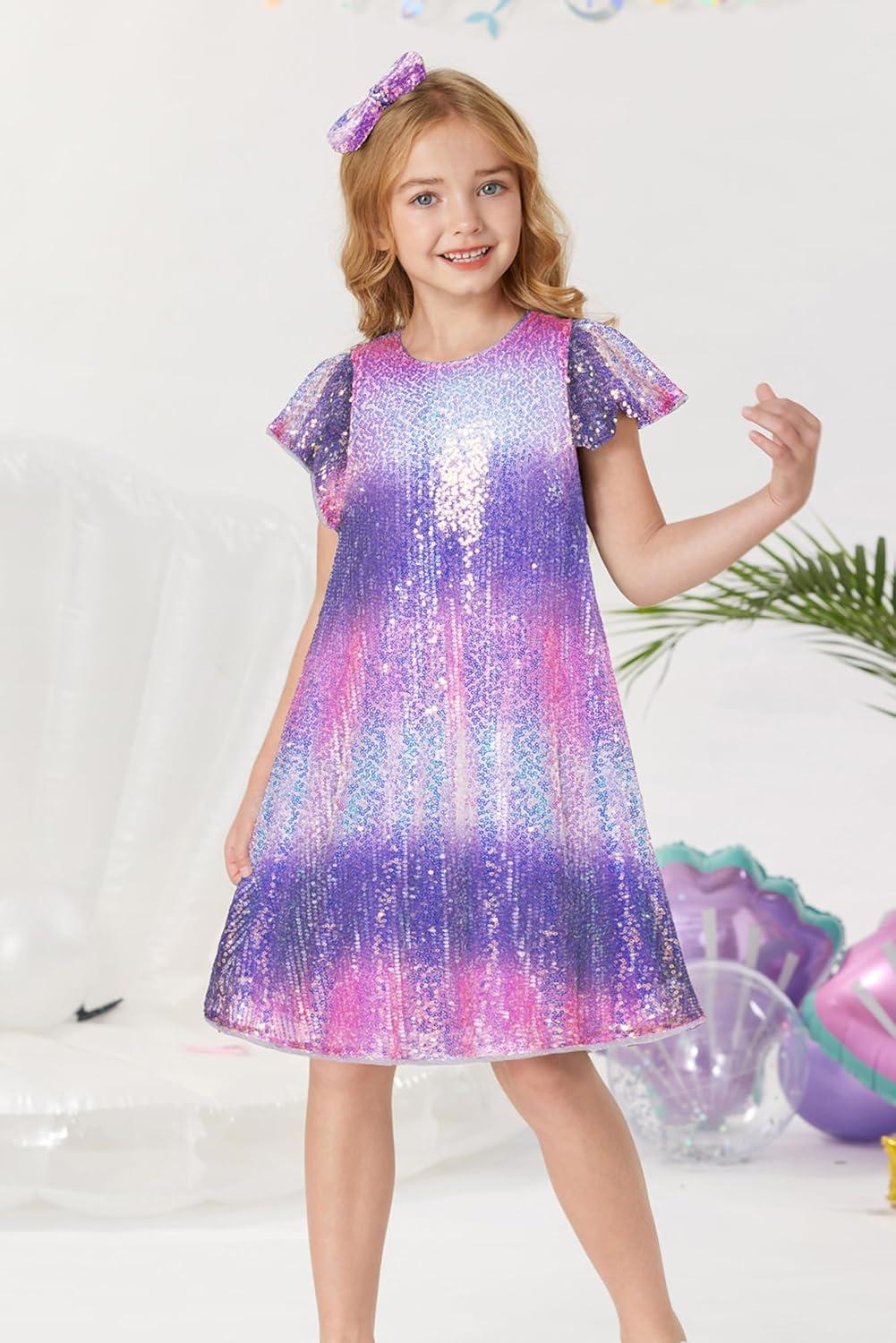 imageGRACE KARIN Girls Sequin Dress Short Flutter Sleeve Flare Silhouette Midi Dress with Hairbow 512YPurple Rainbow
