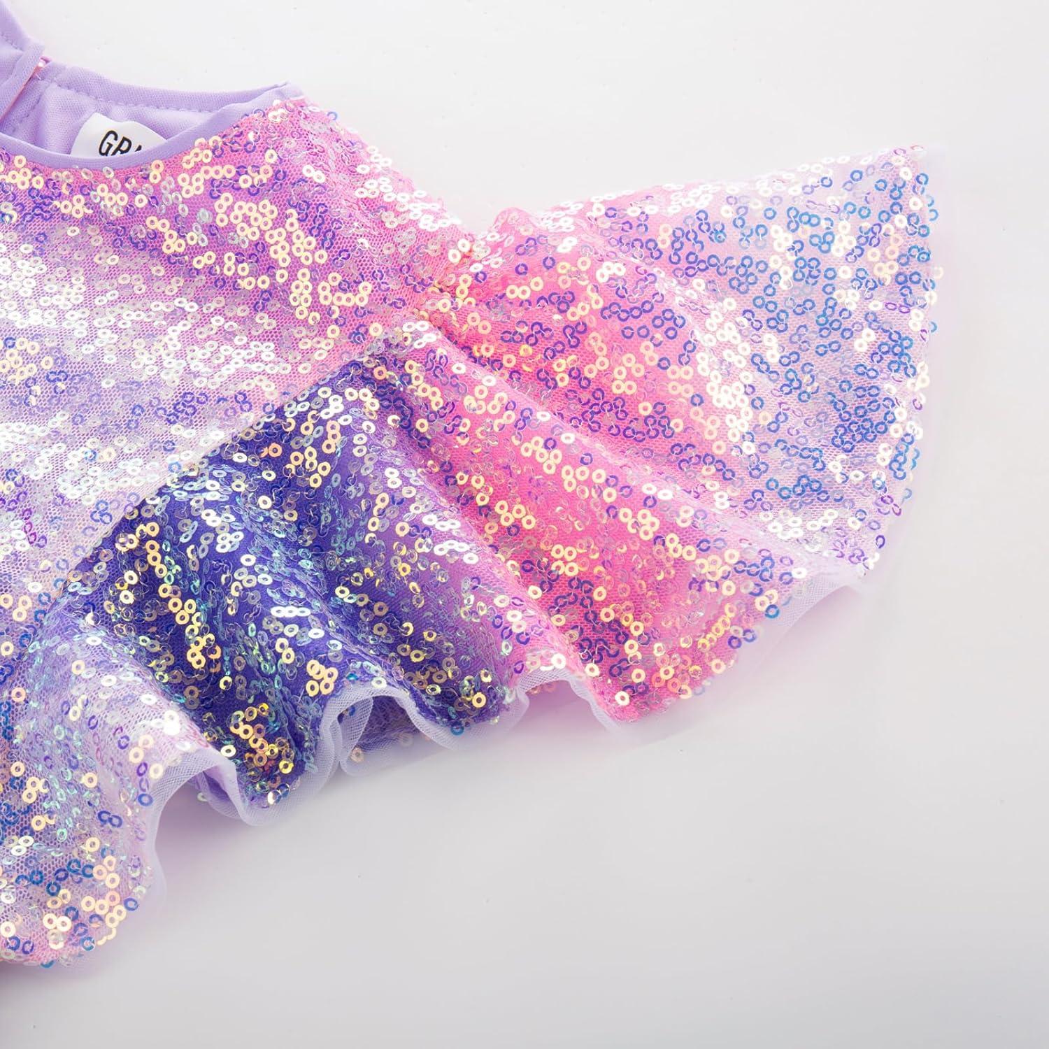 imageGRACE KARIN Girls Sequin Dress Short Flutter Sleeve Flare Silhouette Midi Dress with Hairbow 512YPurple Rainbow