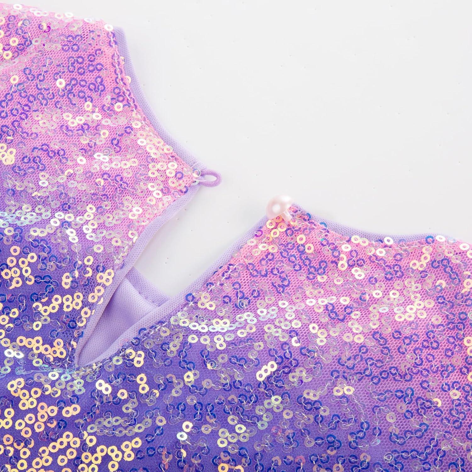imageGRACE KARIN Girls Sequin Dress Short Flutter Sleeve Flare Silhouette Midi Dress with Hairbow 512YPurple Rainbow