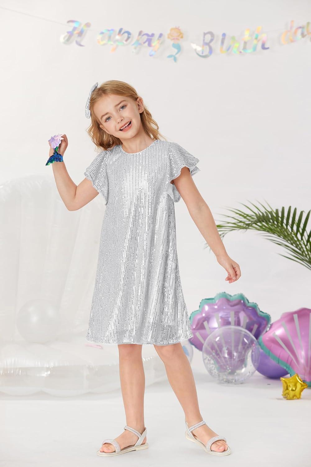 imageGRACE KARIN Girls Sequin Dress Short Flutter Sleeve Flare Silhouette Midi Dress with Hairbow 512YSilver