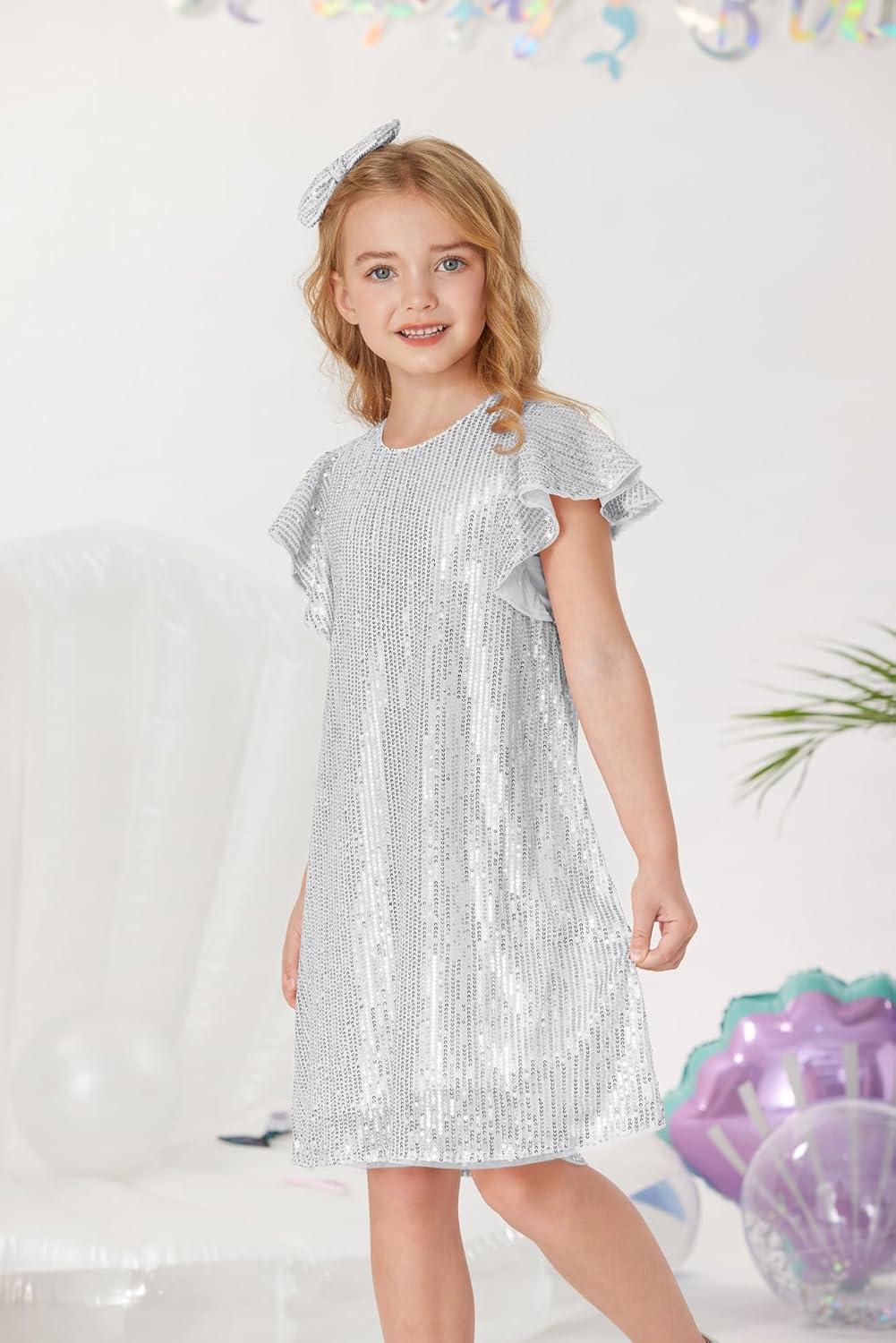 imageGRACE KARIN Girls Sequin Dress Short Flutter Sleeve Flare Silhouette Midi Dress with Hairbow 512YSilver