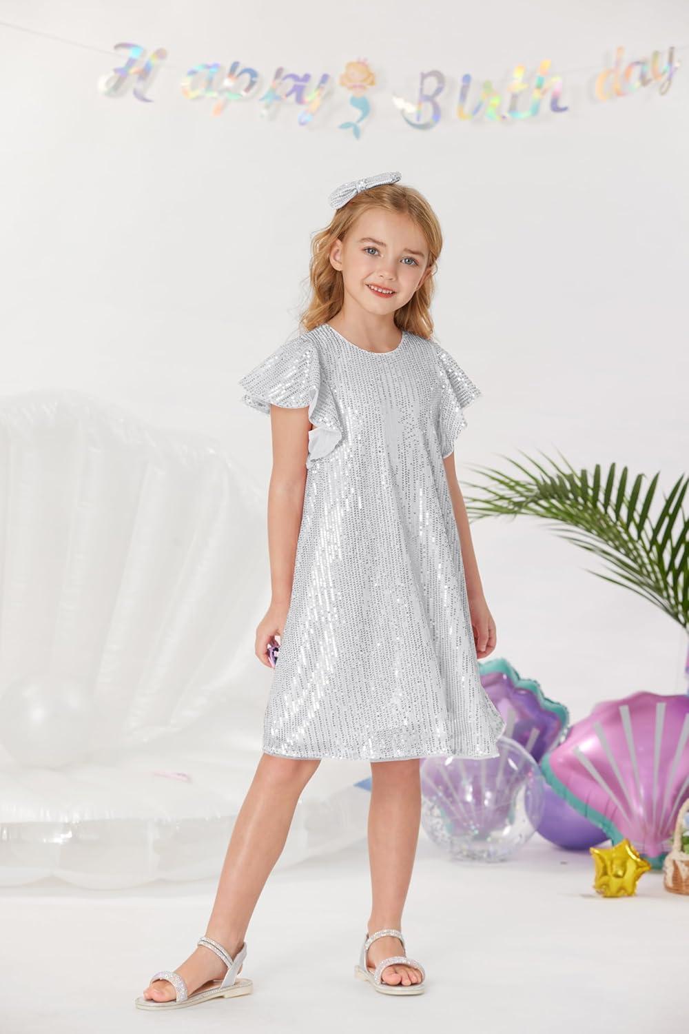 imageGRACE KARIN Girls Sequin Dress Short Flutter Sleeve Flare Silhouette Midi Dress with Hairbow 512YSilver