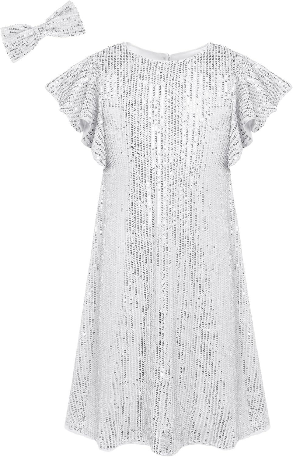 imageGRACE KARIN Girls Sequin Dress Short Flutter Sleeve Flare Silhouette Midi Dress with Hairbow 512YSilver