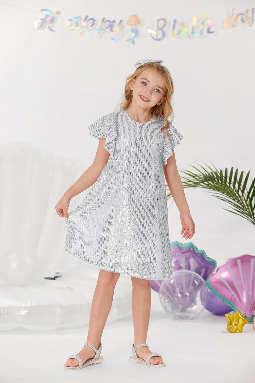 imageGRACE KARIN Girls Sequin Dress Short Flutter Sleeve Flare Silhouette Midi Dress with Hairbow 512YSilver