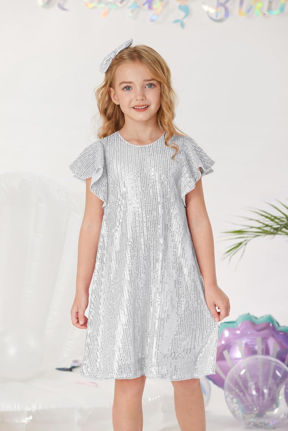 imageGRACE KARIN Girls Sequin Dress Short Flutter Sleeve Flare Silhouette Midi Dress with Hairbow 512YSilver