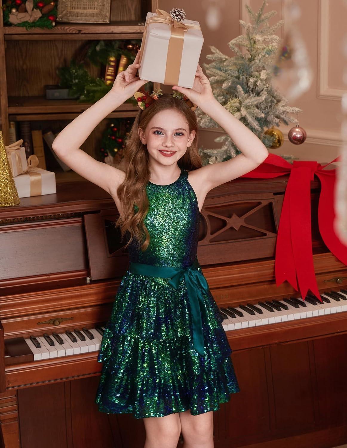 imageGRACE KARIN Girls Sequin Party Dress Kids Sparkly Formal Birthday Teen Special Occasion Fancy Pageant Dresses Size 614Colorful Green