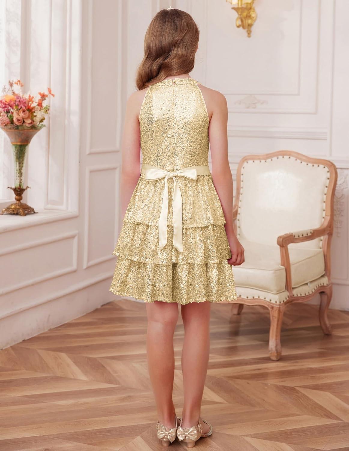 imageGRACE KARIN Girls Sequin Party Dress Kids Sparkly Formal Birthday Teen Special Occasion Fancy Pageant Dresses Size 614Gold