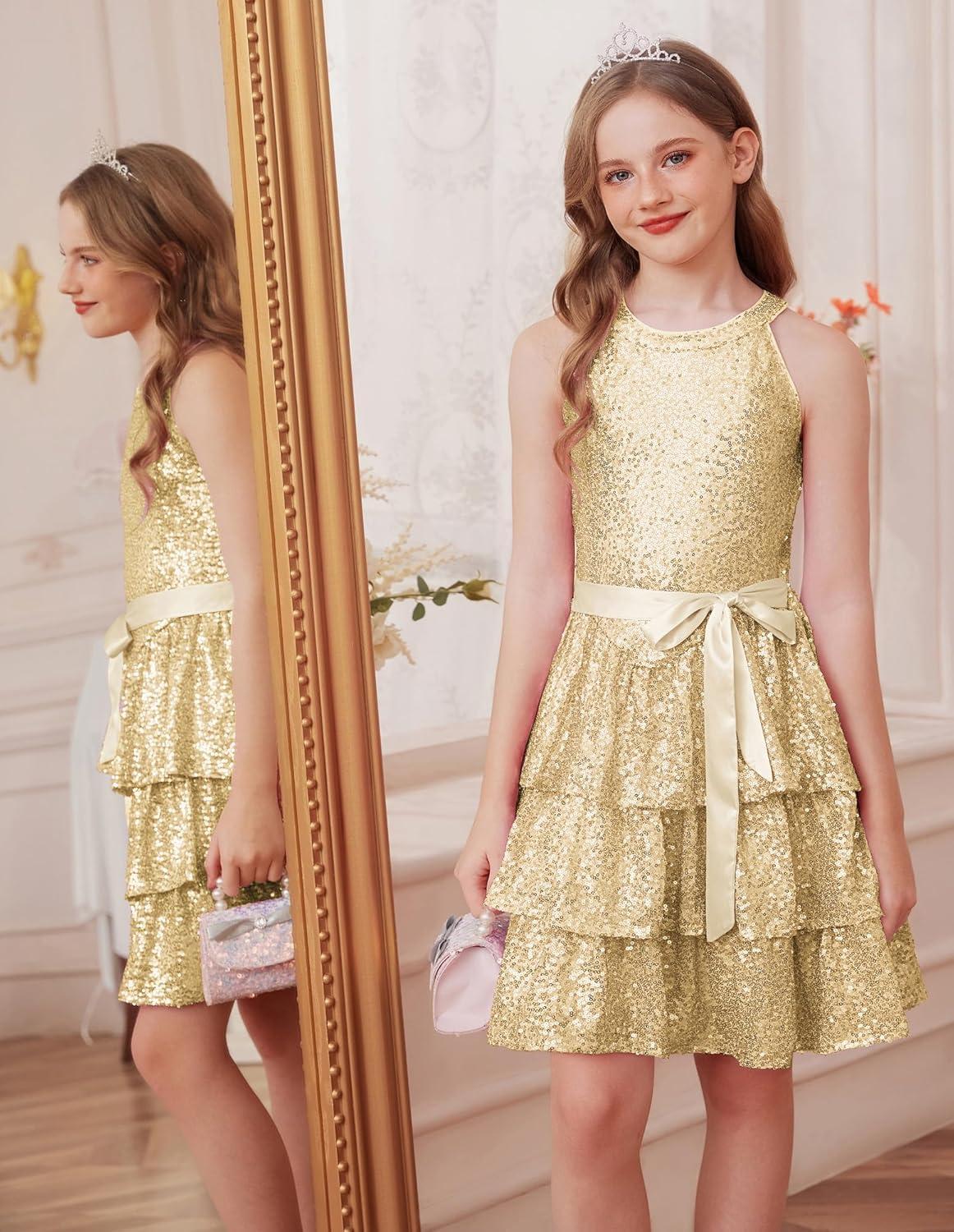 imageGRACE KARIN Girls Sequin Party Dress Kids Sparkly Formal Birthday Teen Special Occasion Fancy Pageant Dresses Size 614Gold