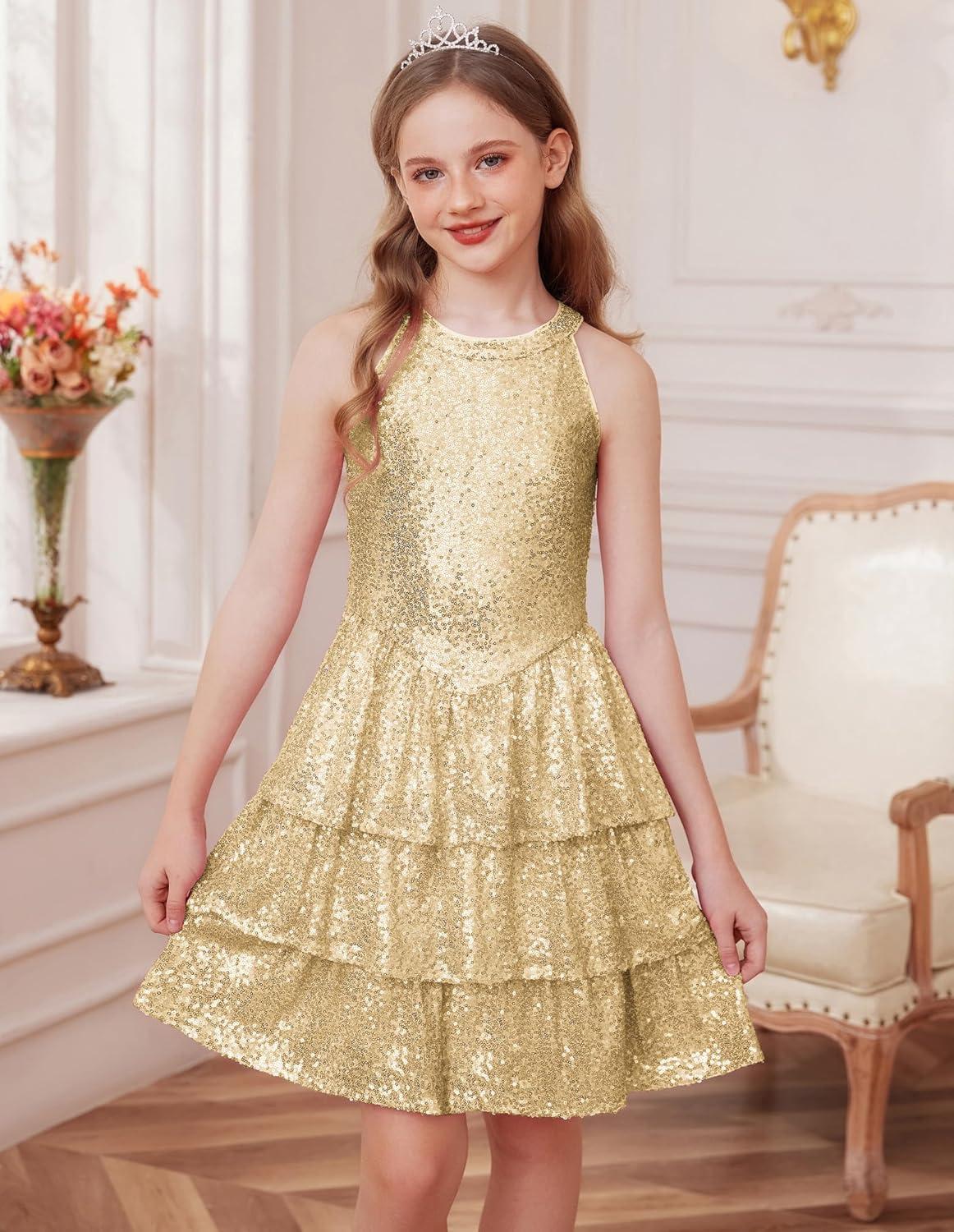 imageGRACE KARIN Girls Sequin Party Dress Kids Sparkly Formal Birthday Teen Special Occasion Fancy Pageant Dresses Size 614Gold