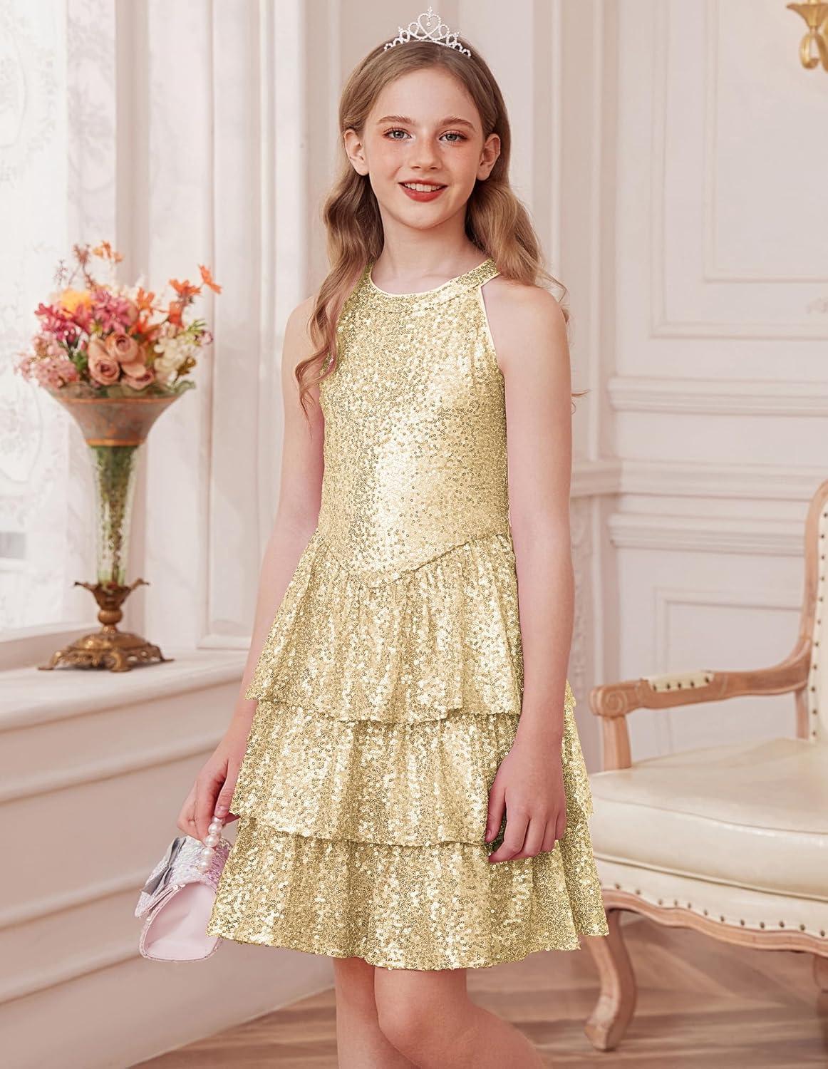 imageGRACE KARIN Girls Sequin Party Dress Kids Sparkly Formal Birthday Teen Special Occasion Fancy Pageant Dresses Size 614Gold
