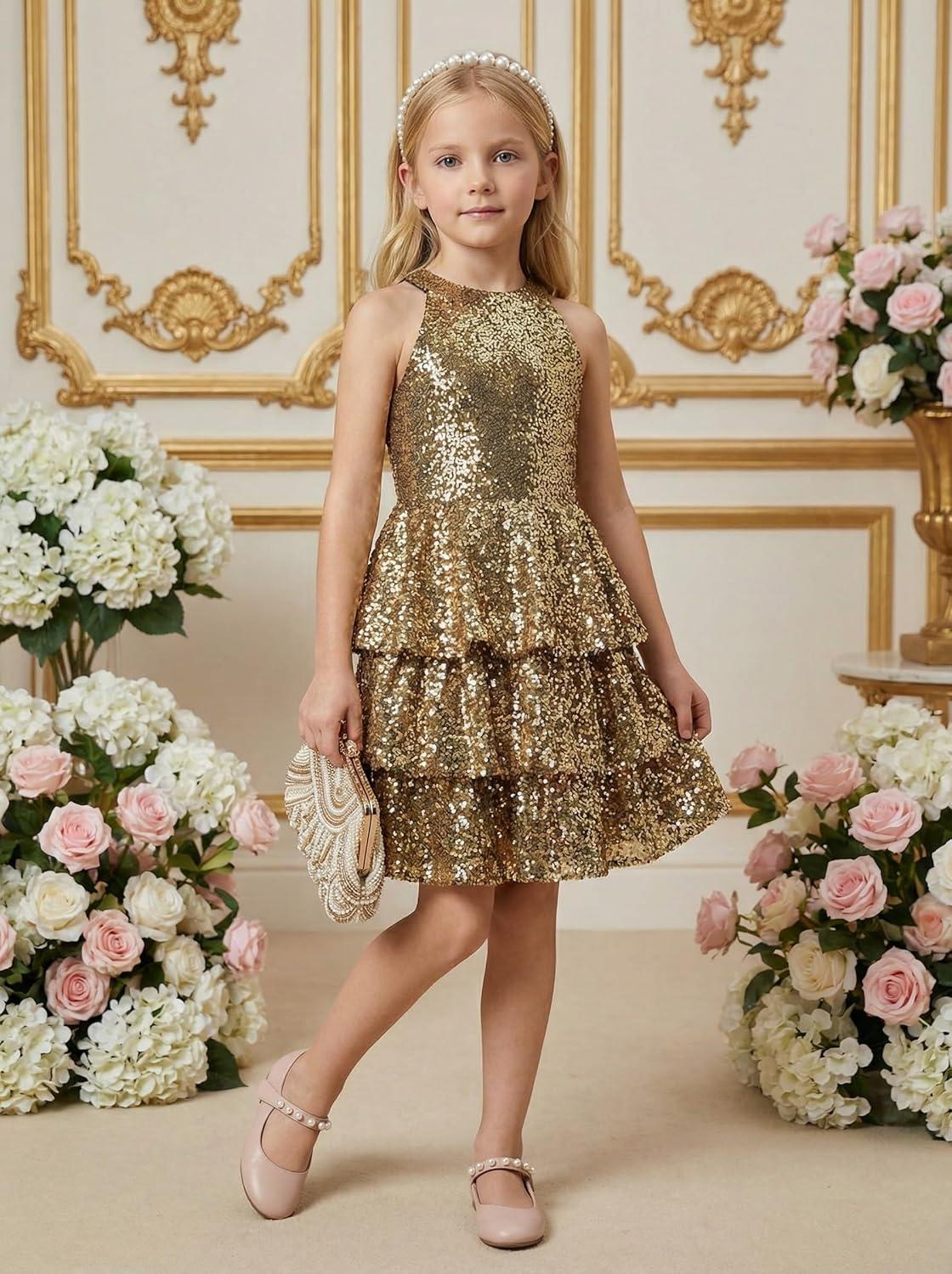 imageGRACE KARIN Girls Sequin Party Dress Kids Sparkly Formal Birthday Teen Special Occasion Fancy Pageant Dresses Size 614Gold Black