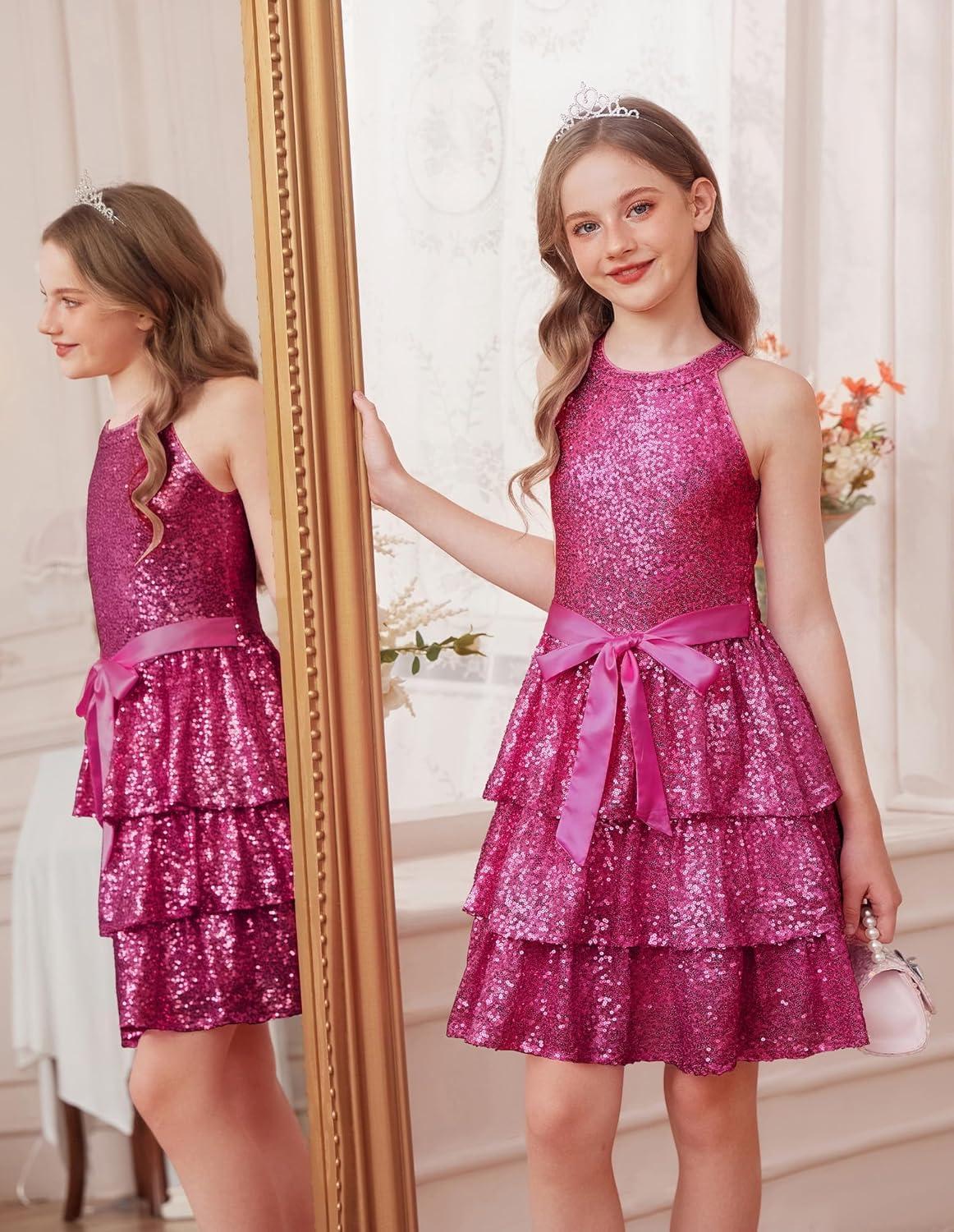 imageGRACE KARIN Girls Sequin Party Dress Kids Sparkly Formal Birthday Teen Special Occasion Fancy Pageant Dresses Size 614Hot Pink