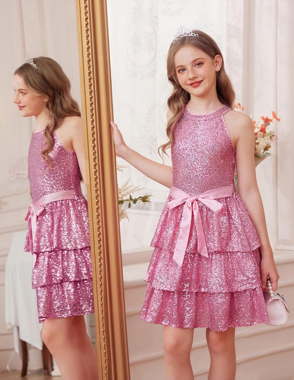 imageGRACE KARIN Girls Sequin Party Dress Kids Sparkly Formal Birthday Teen Special Occasion Fancy Pageant Dresses Size 614Pink