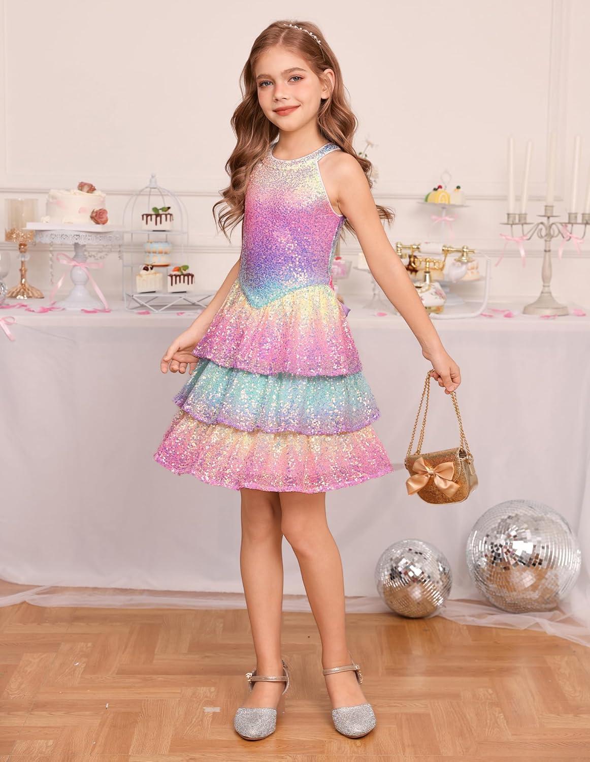 imageGRACE KARIN Girls Sequin Party Dress Kids Sparkly Formal Birthday Teen Special Occasion Fancy Pageant Dresses Size 614Rainbow