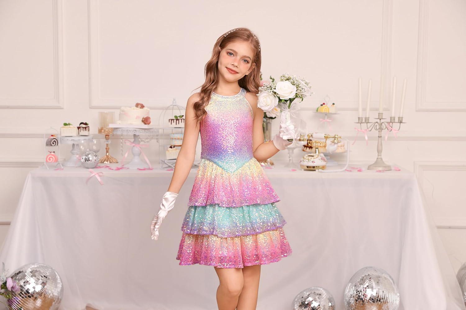 imageGRACE KARIN Girls Sequin Party Dress Kids Sparkly Formal Birthday Teen Special Occasion Fancy Pageant Dresses Size 614Rainbow