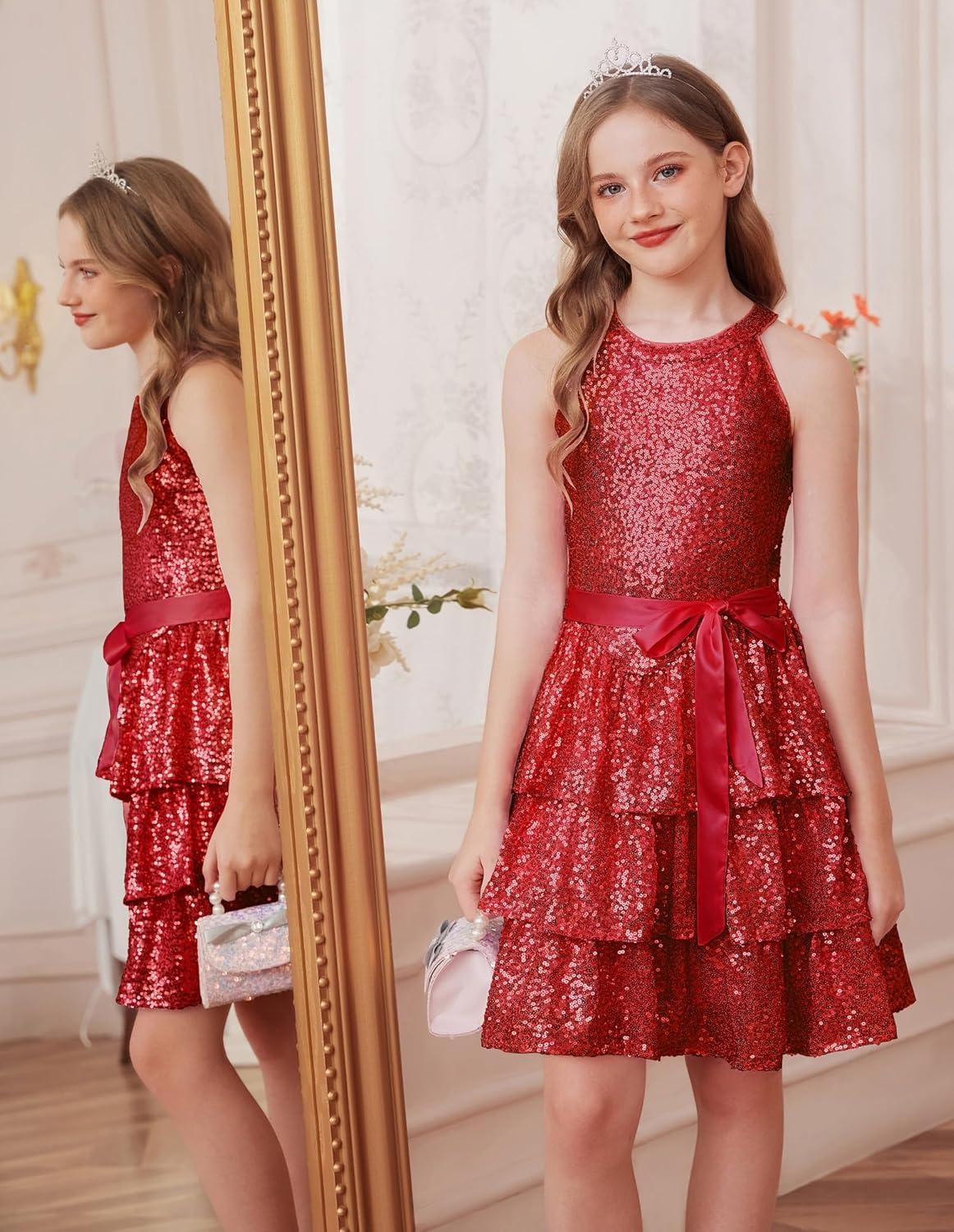 imageGRACE KARIN Girls Sequin Party Dress Kids Sparkly Formal Birthday Teen Special Occasion Fancy Pageant Dresses Size 614Red