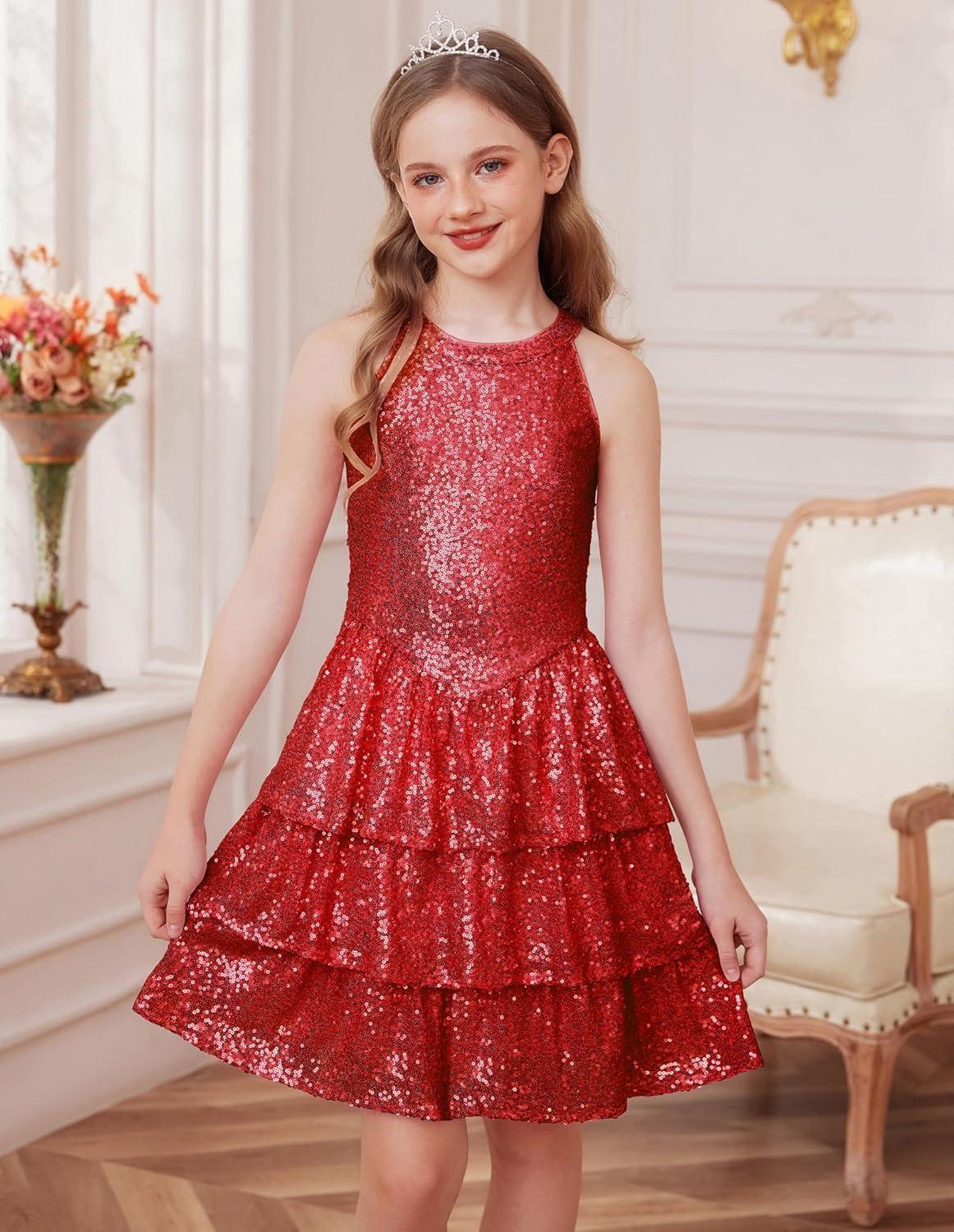 imageGRACE KARIN Girls Sequin Party Dress Kids Sparkly Formal Birthday Teen Special Occasion Fancy Pageant Dresses Size 614Red